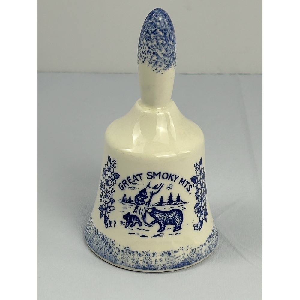 Vintage Great Smoky Mountains Ceramic Bell Blue Spongeware Souvenir Decor